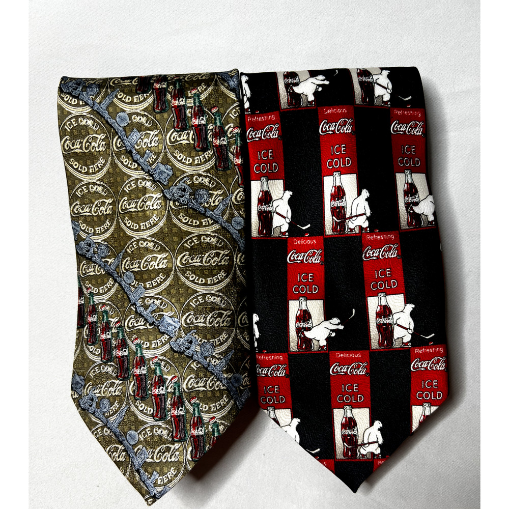 Lot of 2 Coca Cola Mens Ties 4" Polar Bear Nostalgic Red Olive Green